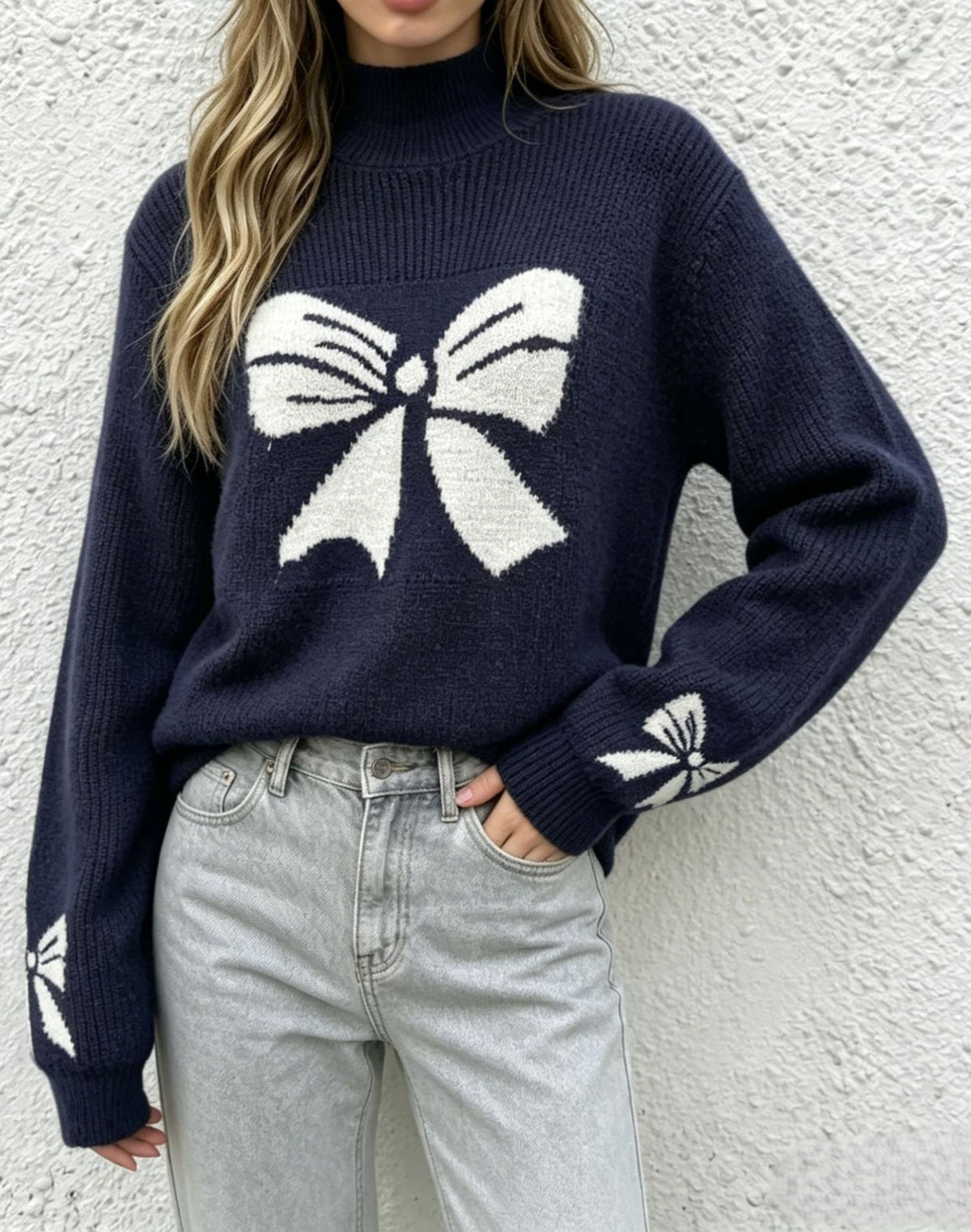 Bow Jacquard Mock Neck Knit Sweater - DarkBlue - 3