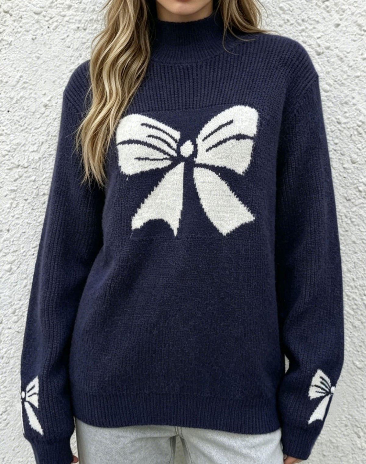 Bow Jacquard Mock Neck Knit Sweater - DarkBlue - 4