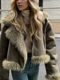 Shearling Trim Faux Suede Aviator Jacket - Green