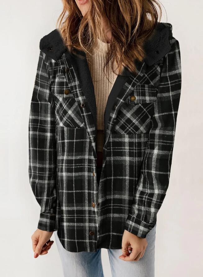 Sherpa Lined Hooded Plaid Shacket - Black