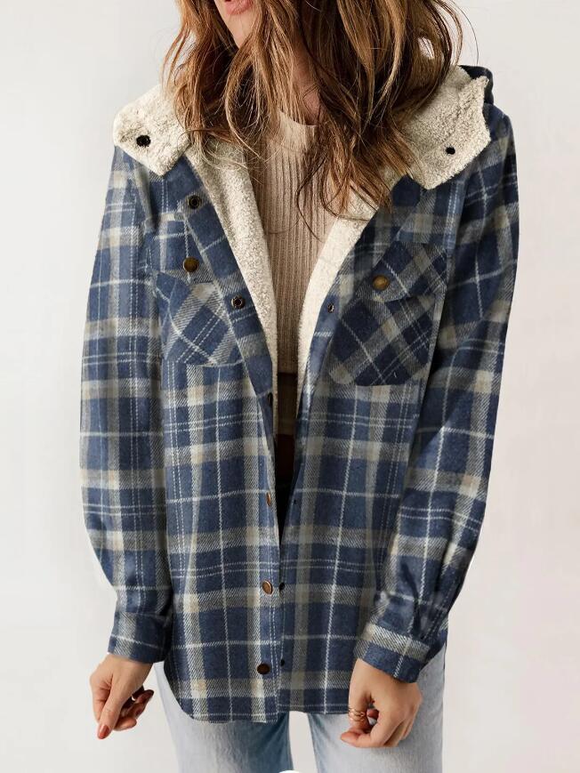 Sherpa Lined Hooded Plaid Shacket - Blue