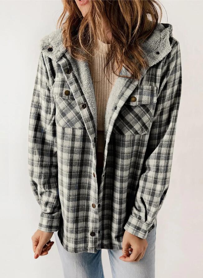 Sherpa Lined Hooded Plaid Shacket - Dark_Grey