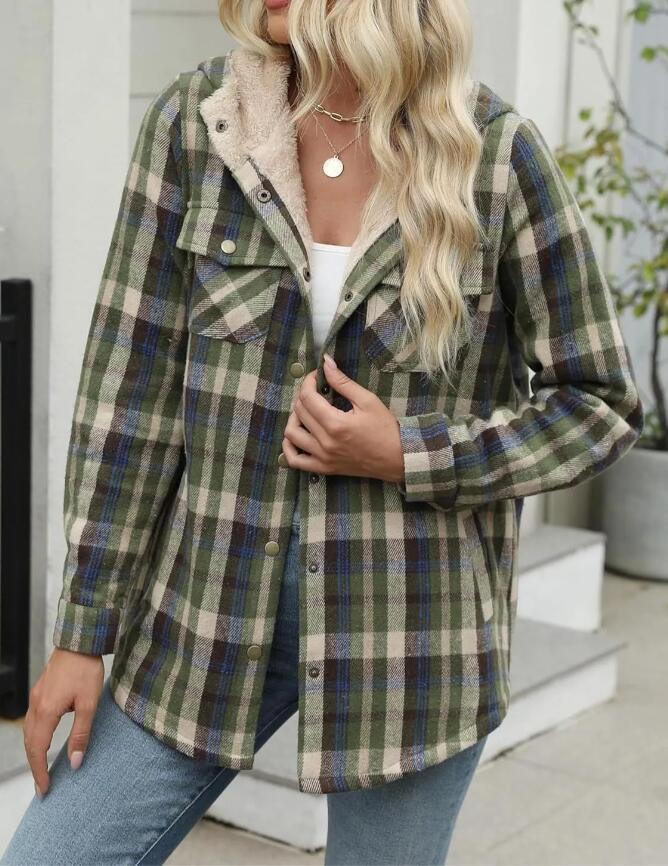 Sherpa Lined Hooded Plaid Shacket - Green