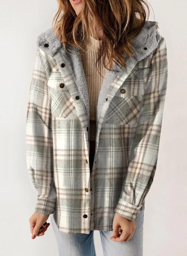 Sherpa Lined Hooded Plaid Shacket - Grey