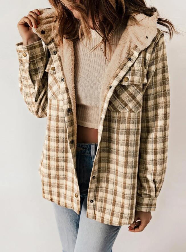 Sherpa Lined Hooded Plaid Shacket - Khaki