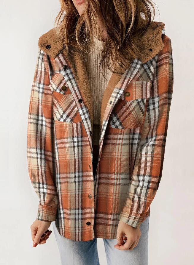 Sherpa Lined Hooded Plaid Shacket - Orange