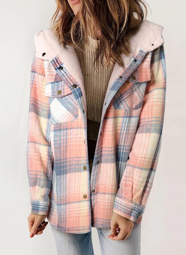 Sherpa Lined Hooded Plaid Shacket - Pink