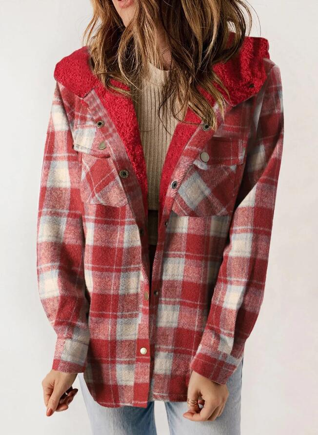 Sherpa Lined Hooded Plaid Shacket - Red