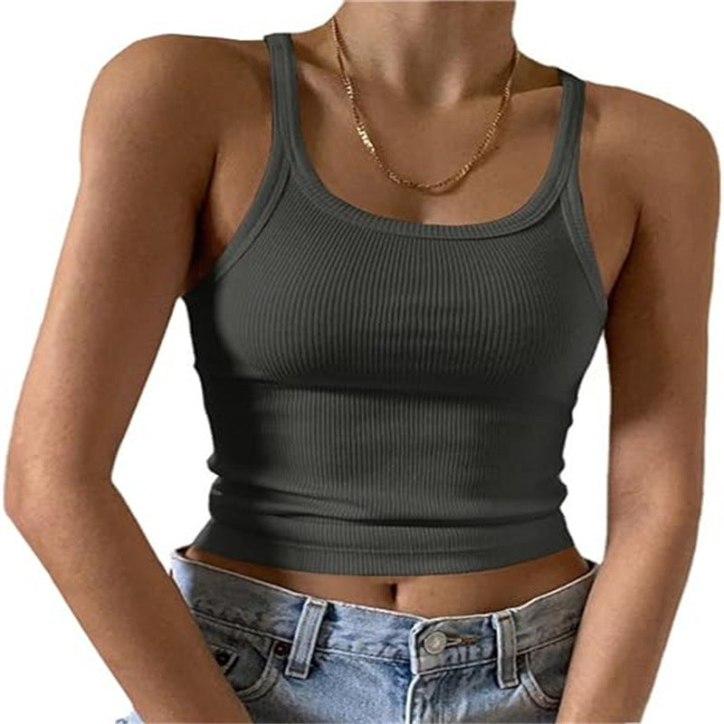 Fine Rib Scoop Neck Crop Tank - Ash