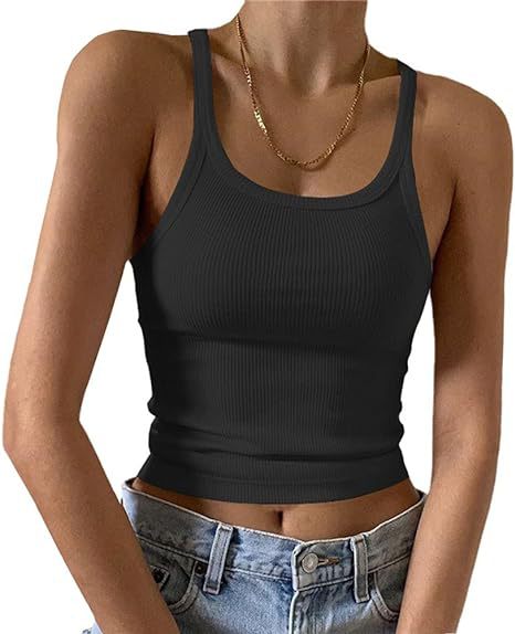 Fine Rib Scoop Neck Crop Tank - Black - 1