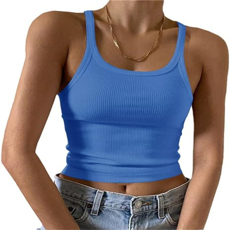 Fine Rib Scoop Neck Crop Tank - Blue