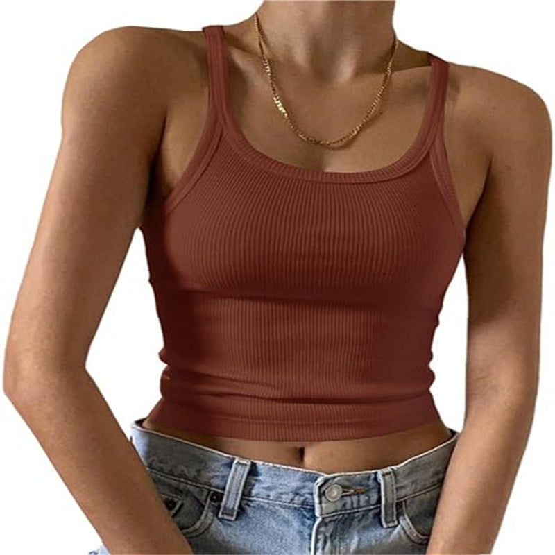 Fine Rib Scoop Neck Crop Tank - BrickRed