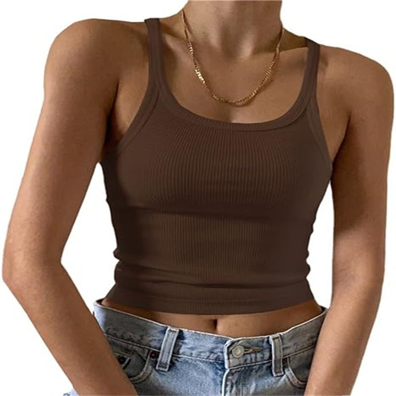 Fine Rib Scoop Neck Crop Tank - Brown