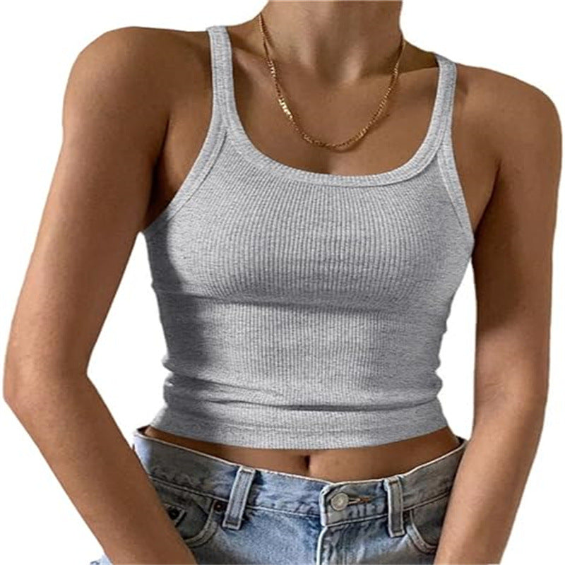 Fine Rib Scoop Neck Crop Tank - Grey