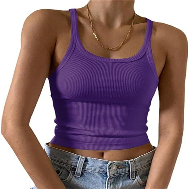 Fine Rib Scoop Neck Crop Tank - Purple