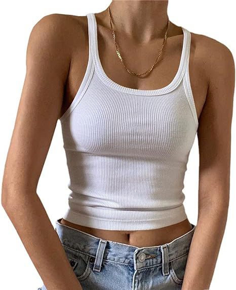 Fine Rib Scoop Neck Crop Tank - White - 1