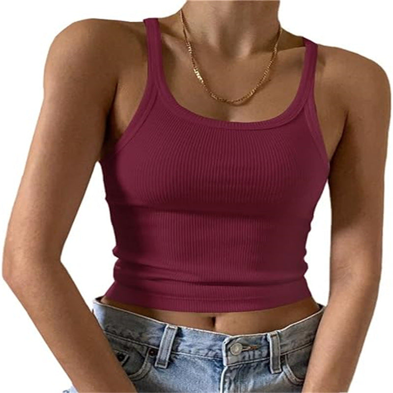 Fine Rib Scoop Neck Crop Tank - WineRed
