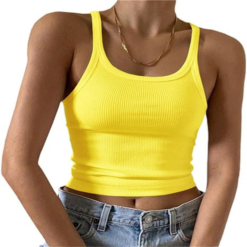 Fine Rib Scoop Neck Crop Tank - Yellow