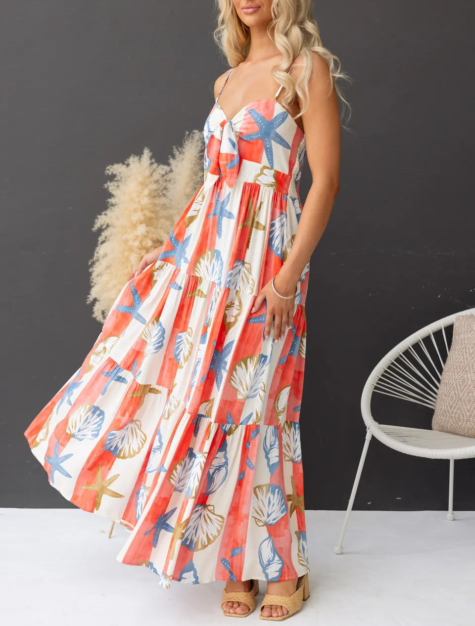 Seashell Print Tiered Split Maxi Dress - Decor - 1