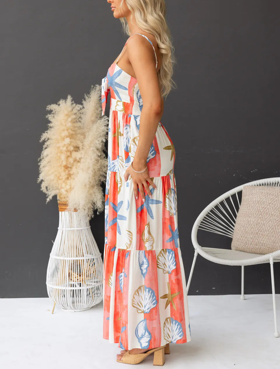 Seashell Print Tiered Split Maxi Dress - Decor - 2