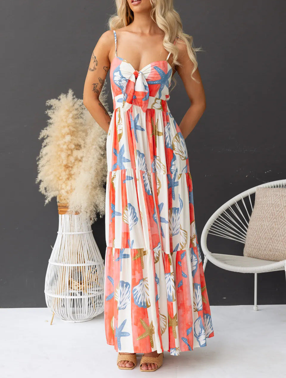 Seashell Print Tiered Split Maxi Dress - Decor - 4