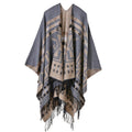 Aztec Pattern Fringed Ruana Wrap - grey