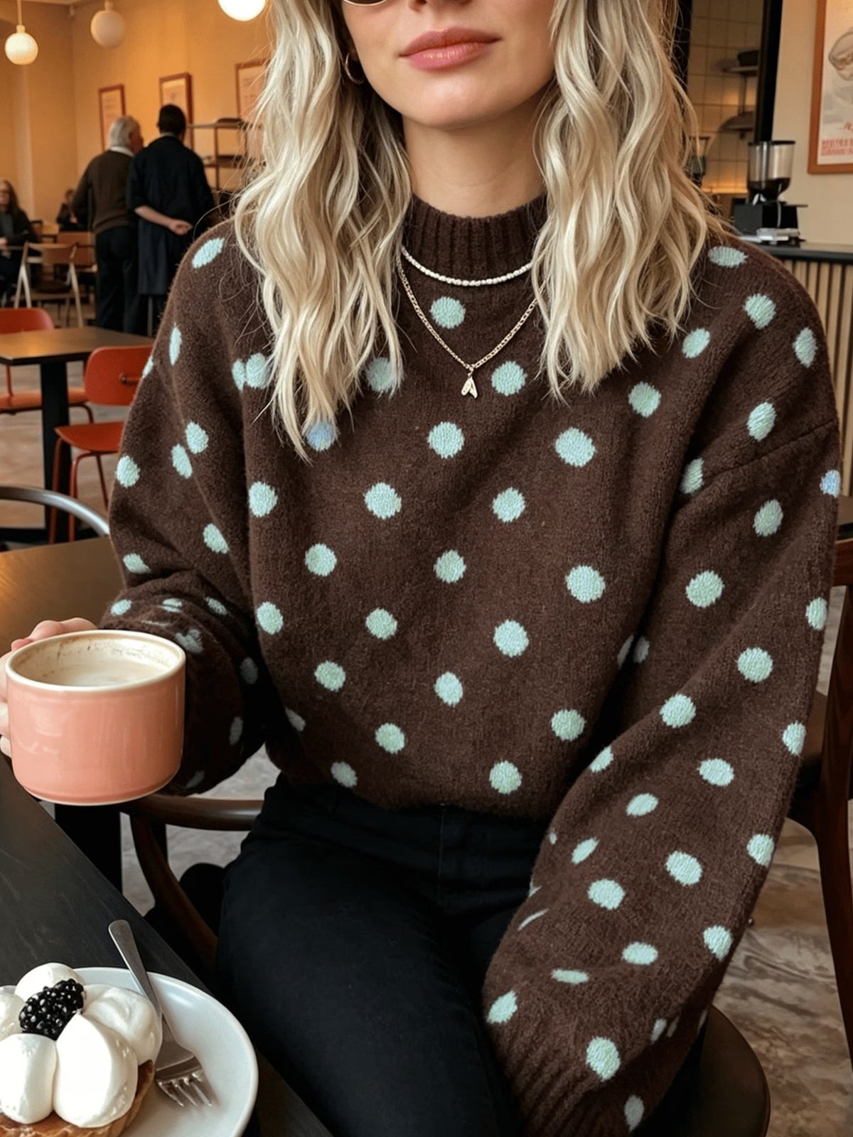 Spotted Crew Neck Knit Sweater Relaxed Fit - Coffee