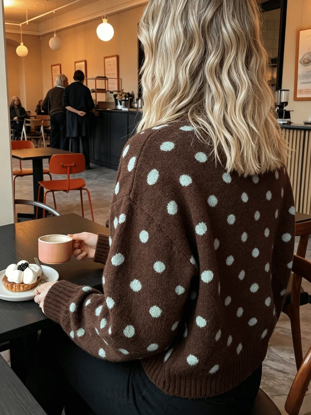 Spotted Crew Neck Knit Sweater Relaxed Fit - Coffee - 1