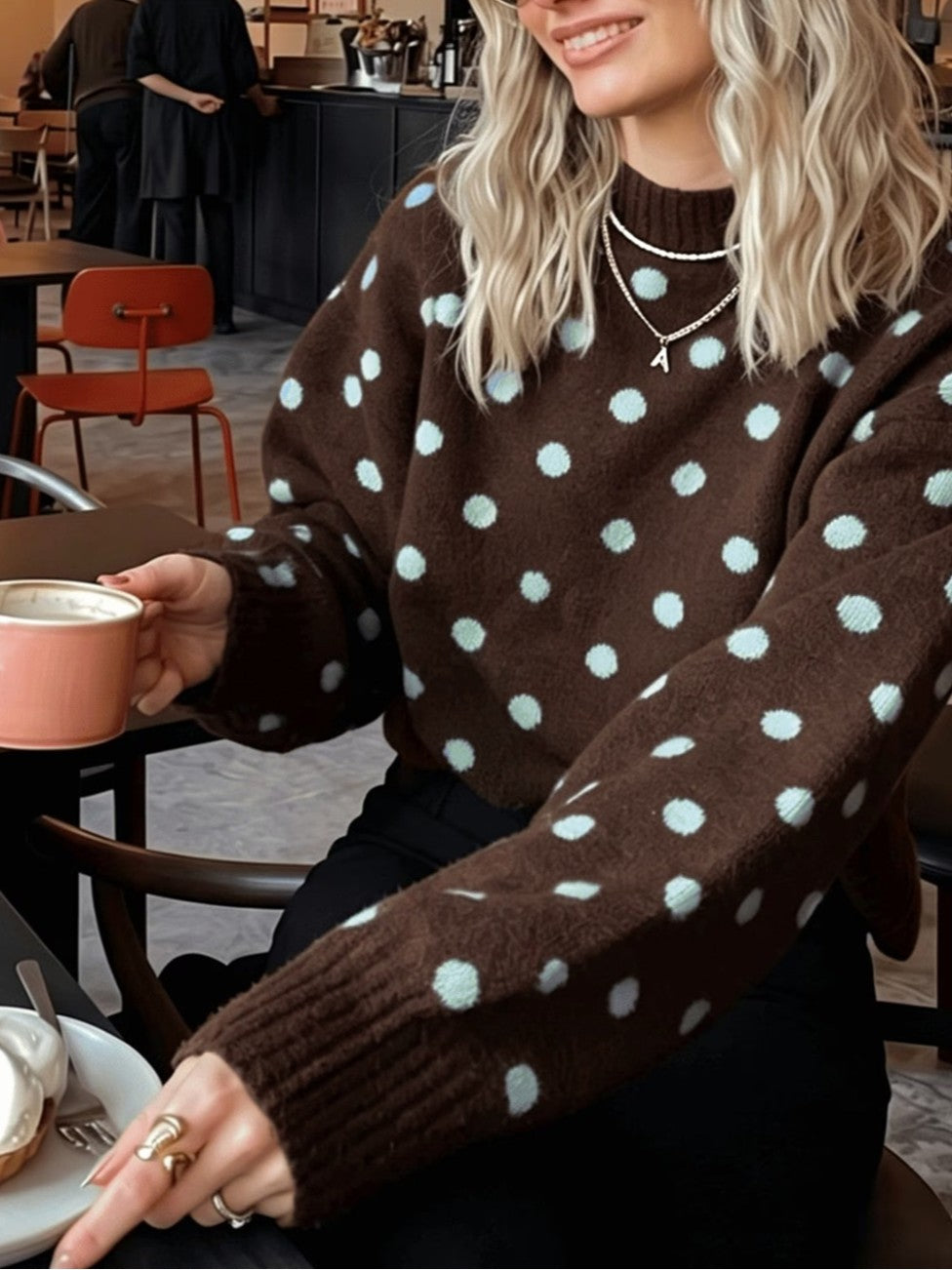 Spotted Crew Neck Knit Sweater Relaxed Fit - Coffee - 2