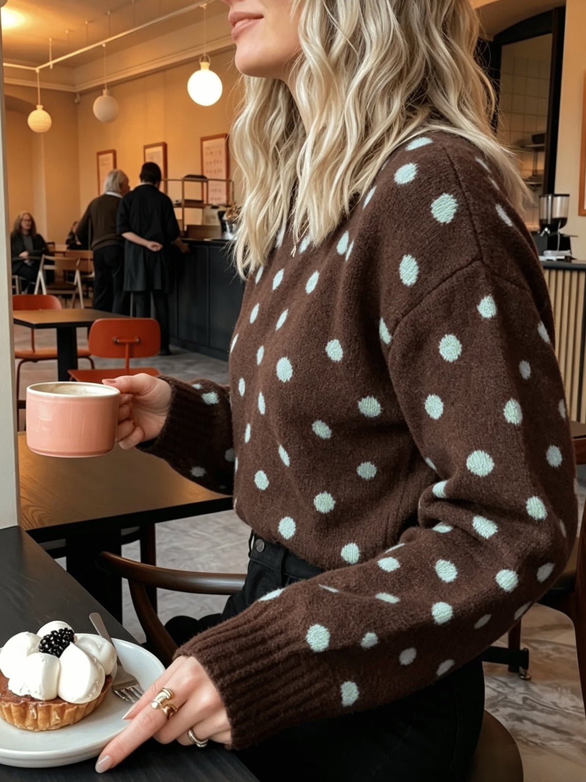 Spotted Crew Neck Knit Sweater Relaxed Fit - Coffee - 3