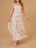 Tiered Floral Maxi Dress With Shoulder Ties - white