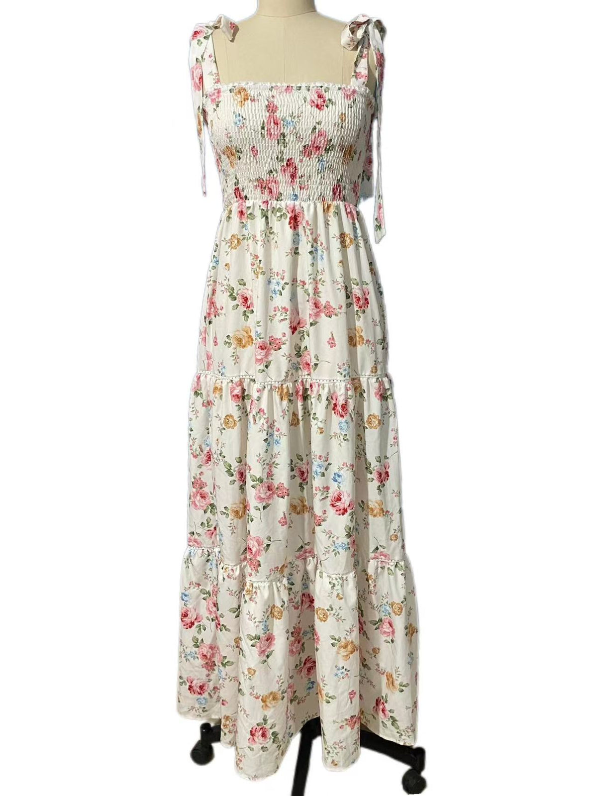 Tiered Floral Maxi Dress With Shoulder Ties - white - 1