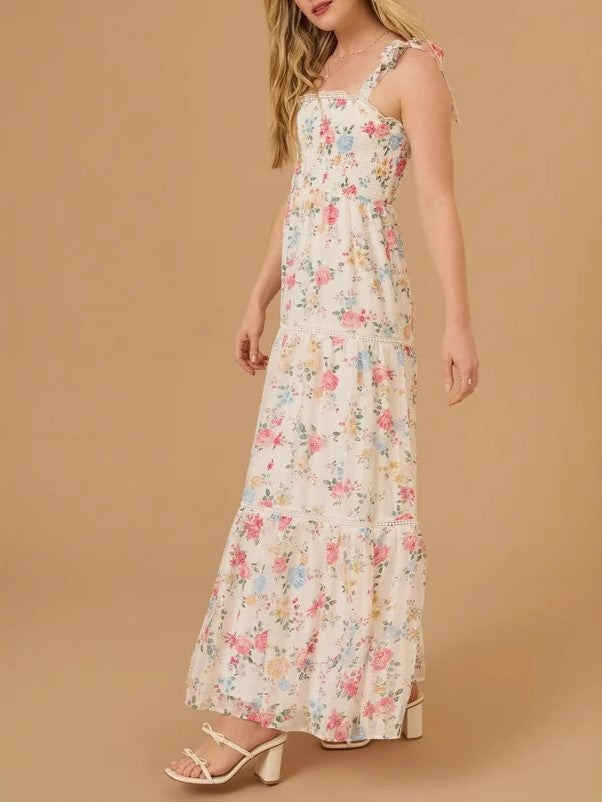 Tiered Floral Maxi Dress With Shoulder Ties - white - 2