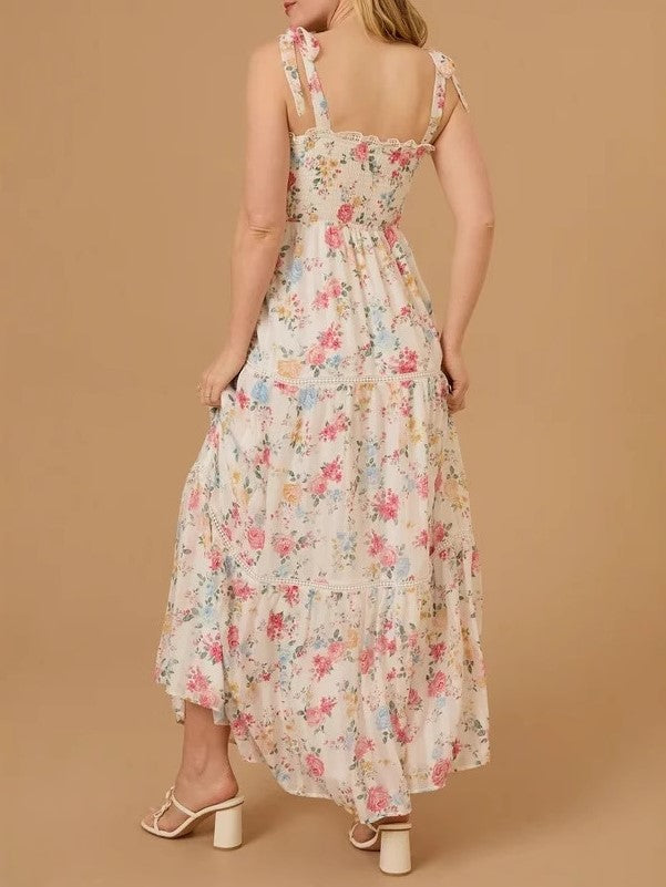 Tiered Floral Maxi Dress With Shoulder Ties - white - 3