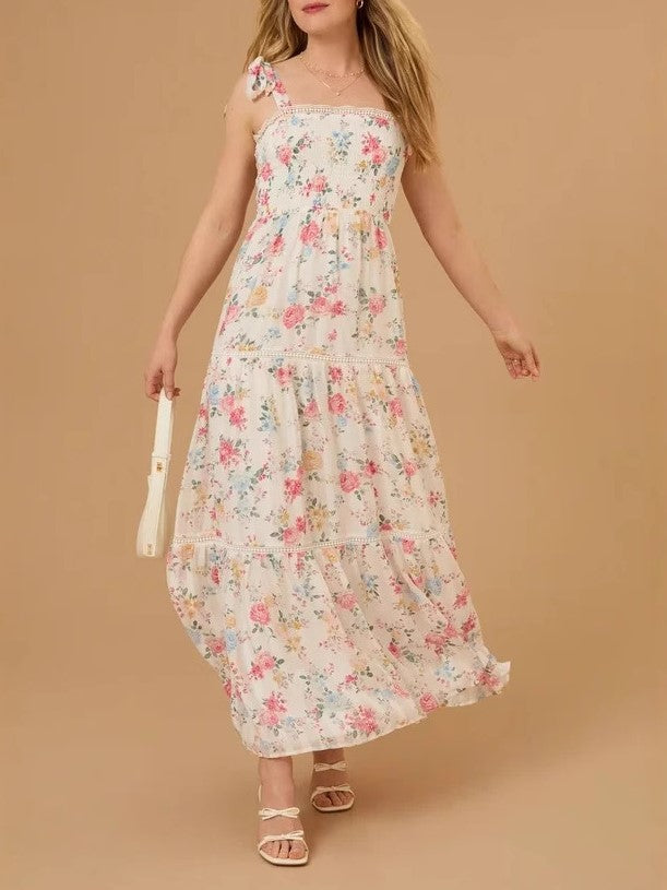 Tiered Floral Maxi Dress With Shoulder Ties - white - 4