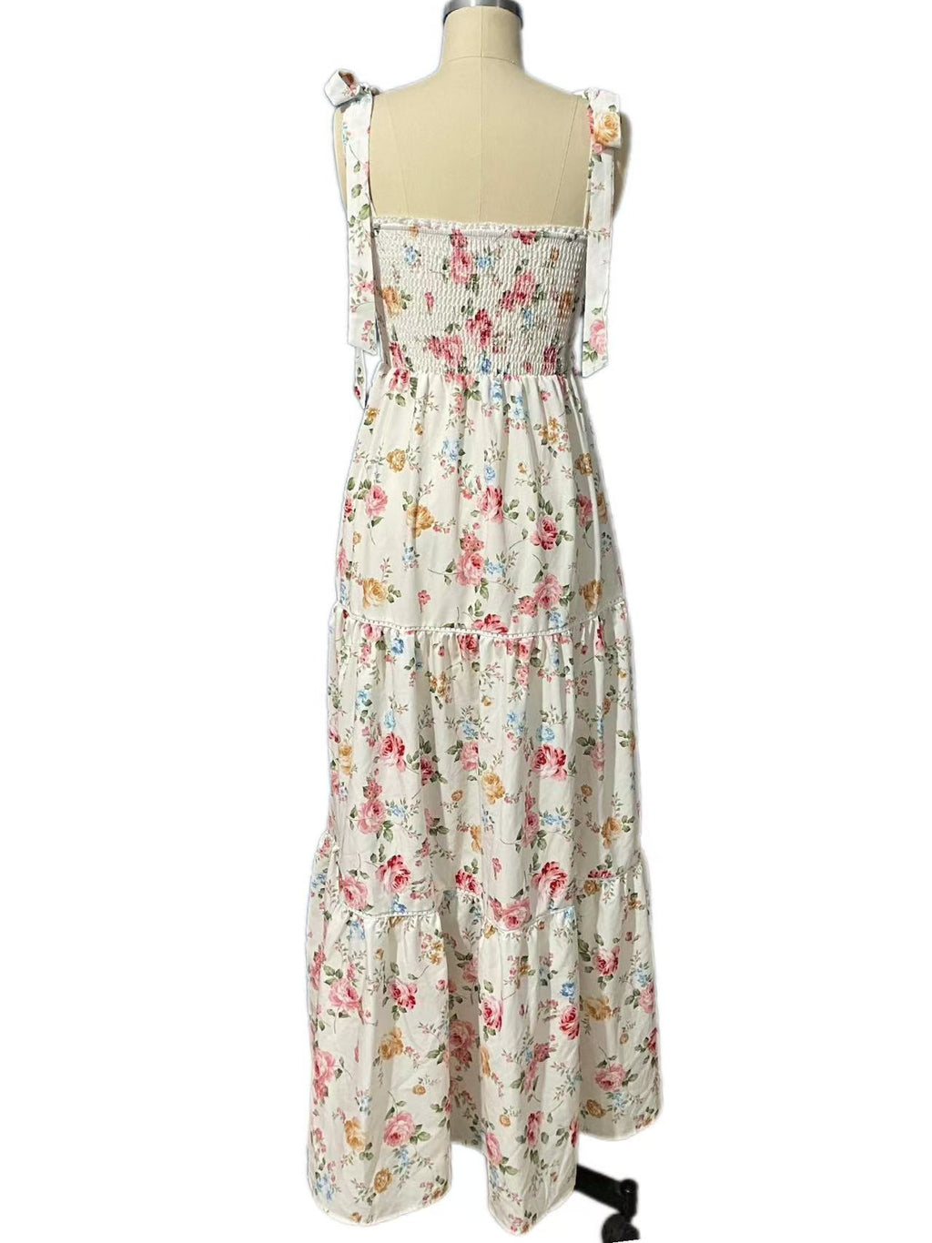 Tiered Floral Maxi Dress With Shoulder Ties - white - 8