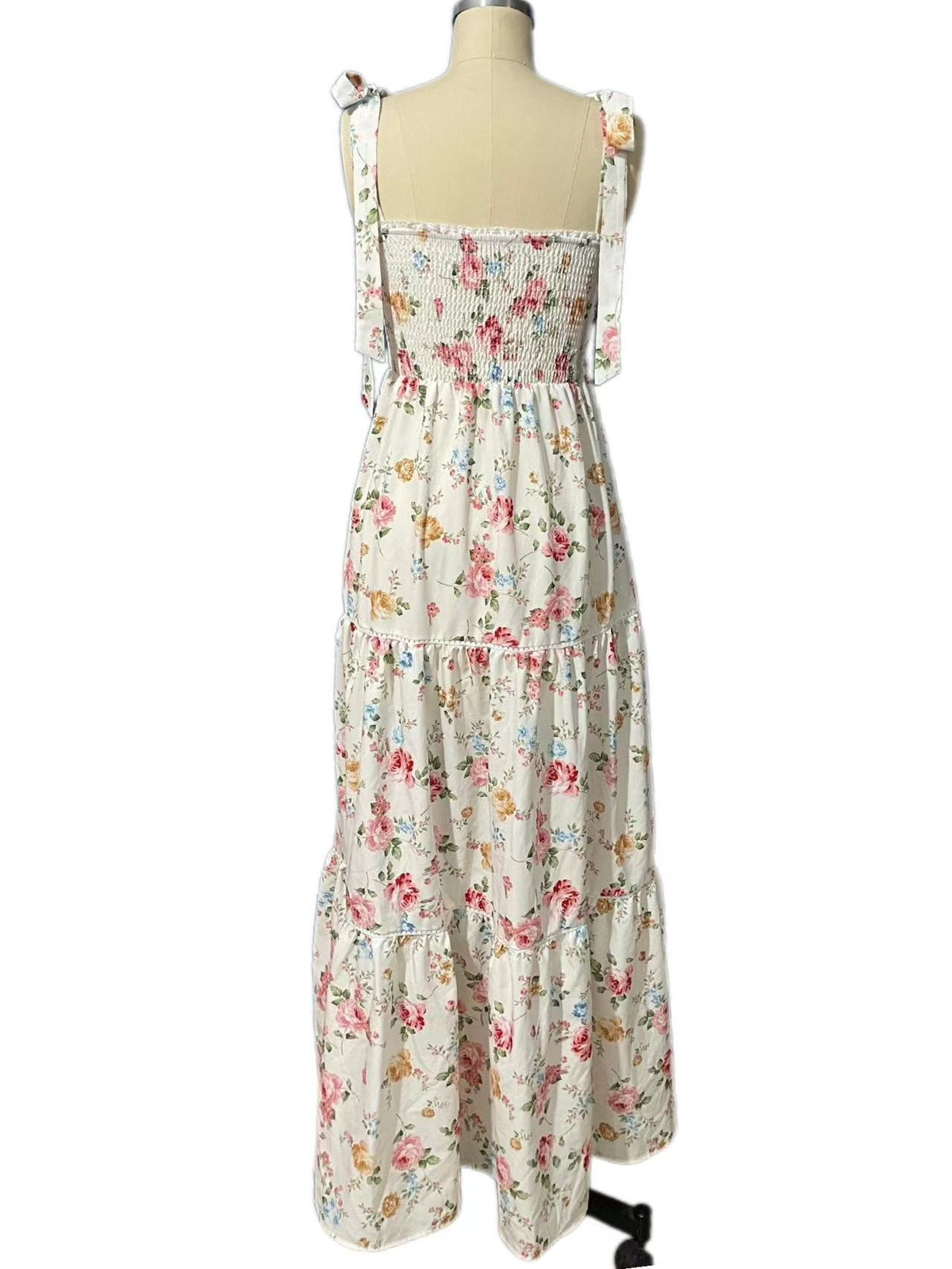 Tiered Floral Maxi Dress With Shoulder Ties - white - 8