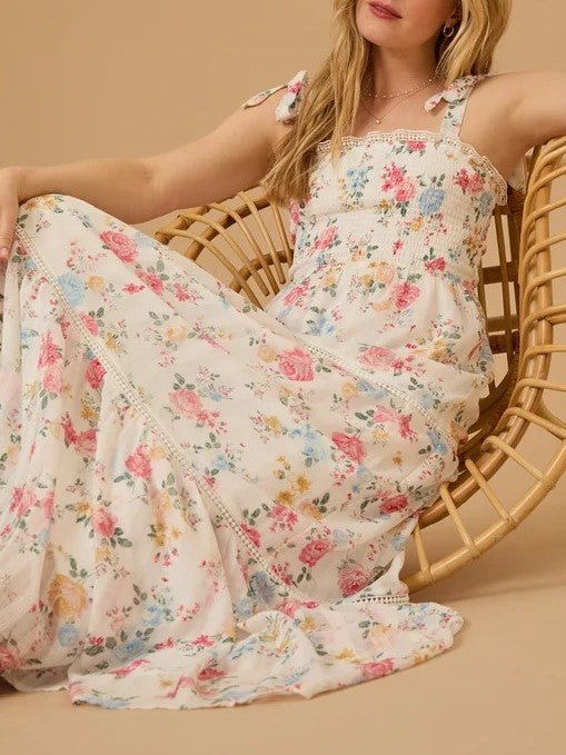 Tiered Floral Maxi Dress With Shoulder Ties - white - 9