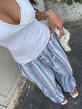 Striped Wide Leg Drawstring Beach Pants - Blue