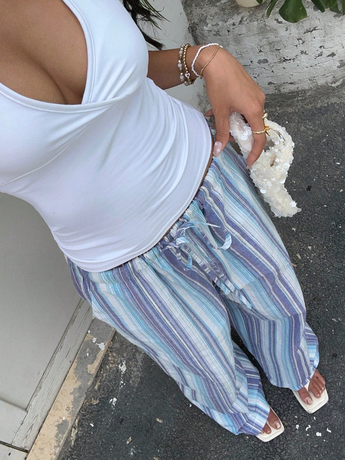 Striped Wide Leg Drawstring Beach Pants - Blue