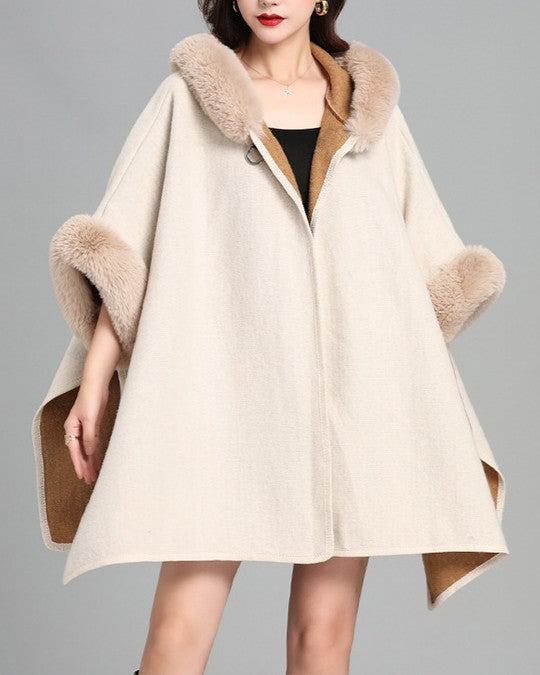 Faux Fur Trim Hooded Knit Cape - Beige