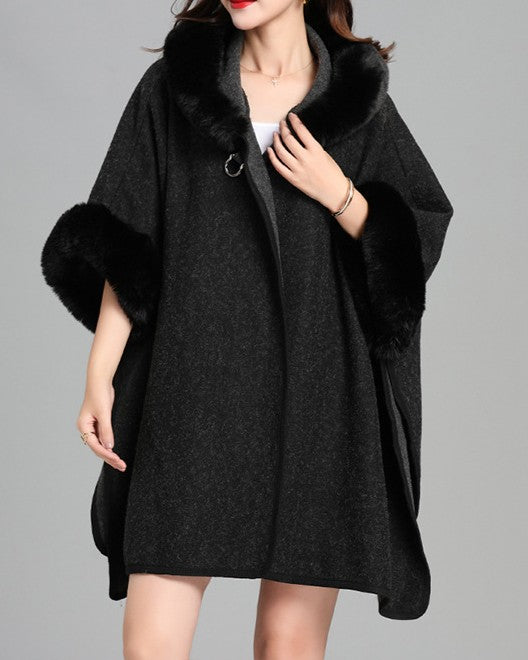 Faux Fur Trim Hooded Knit Cape - Black