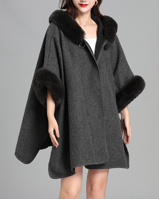 Faux Fur Trim Hooded Knit Cape - Dark-Grey