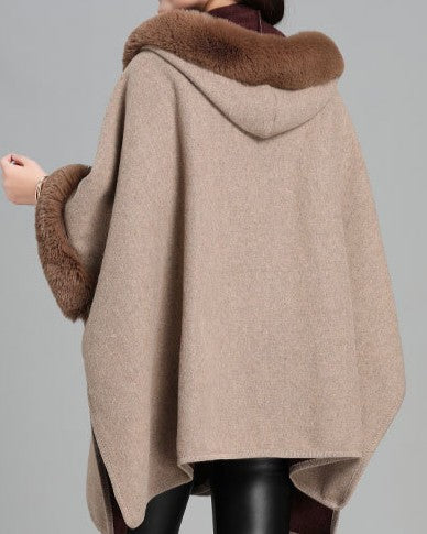Faux Fur Trim Hooded Knit Cape - Khaki - 2