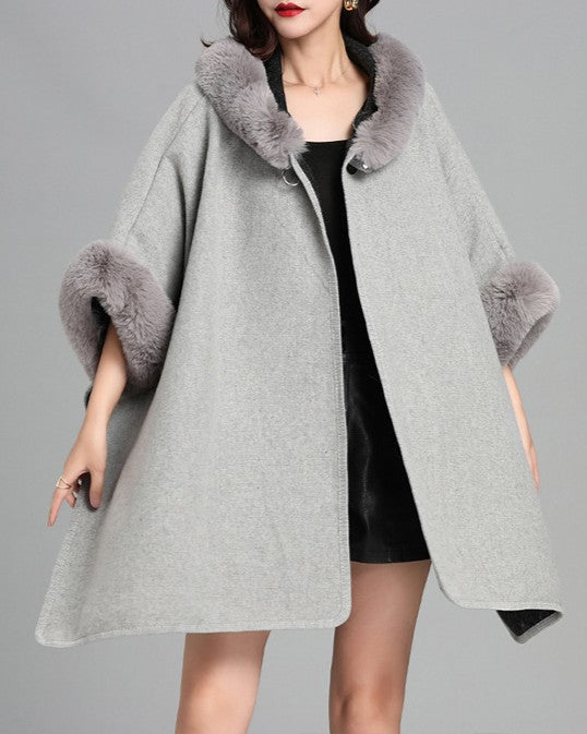 Faux Fur Trim Hooded Knit Cape - Light-Grey