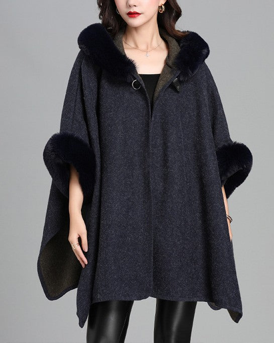 Faux Fur Trim Hooded Knit Cape - Navy-Blue