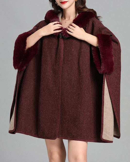 Faux Fur Trim Hooded Knit Cape - Wine-Red