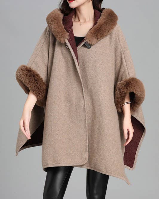 Faux Fur Trim Hooded Knit Cape