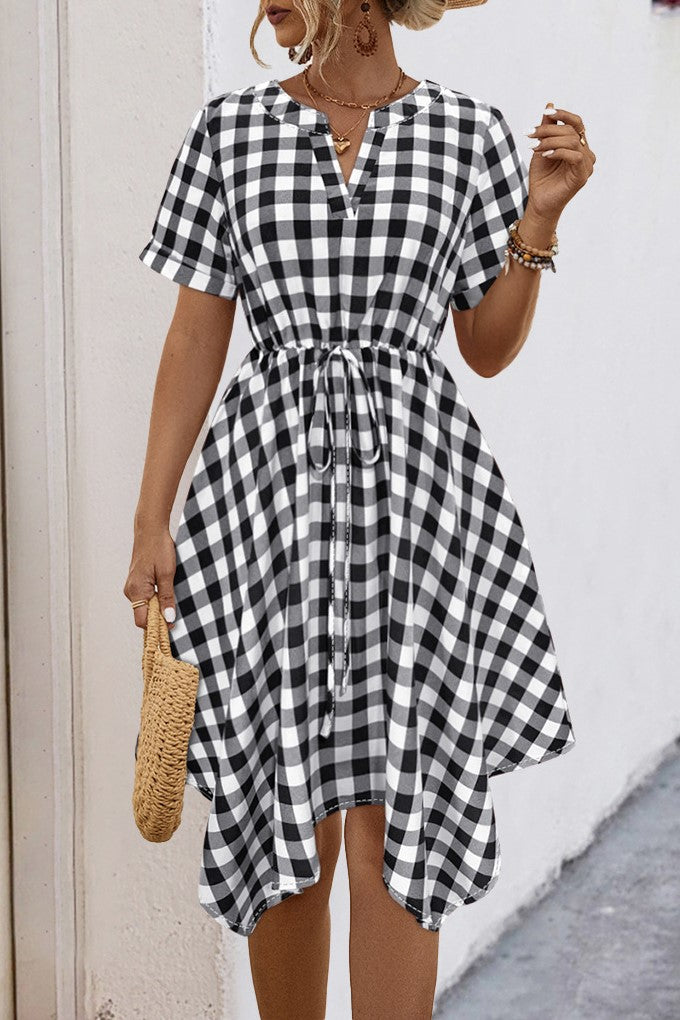 Gingham Handkerchief Hem Midi Dress - Black