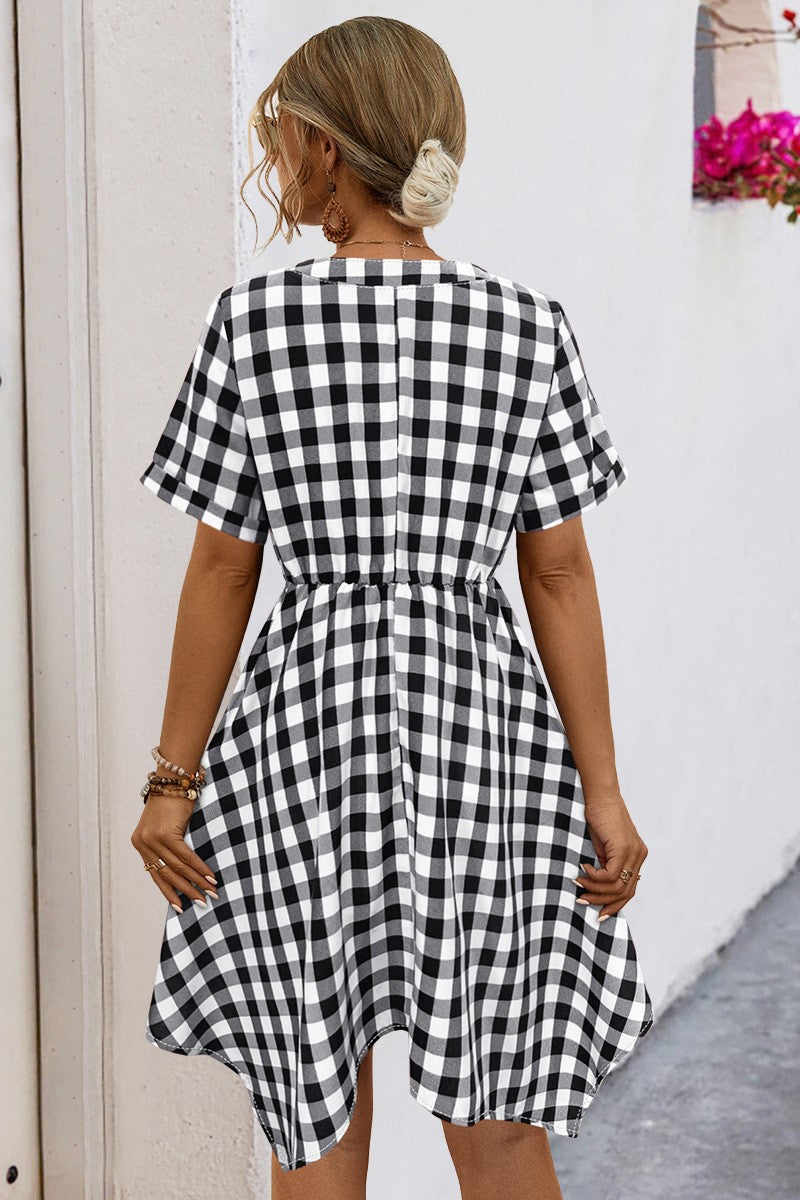 Gingham Handkerchief Hem Midi Dress - Black - 1